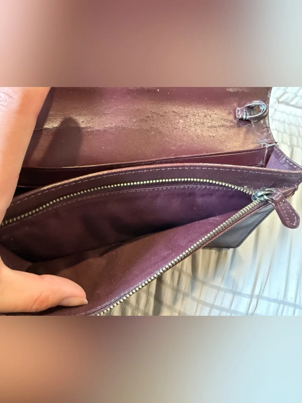 Coach Burgundy Purple Shiny Leather Foldover Wallet Crossbody No Strap
